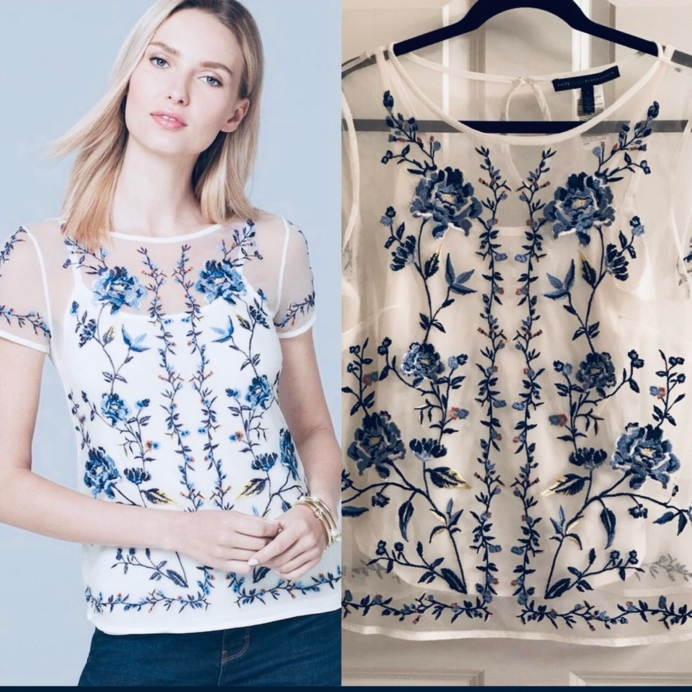 NEW WHBM Floral Embroidered Sheer Mesh Tee w/ detachable cami Medium